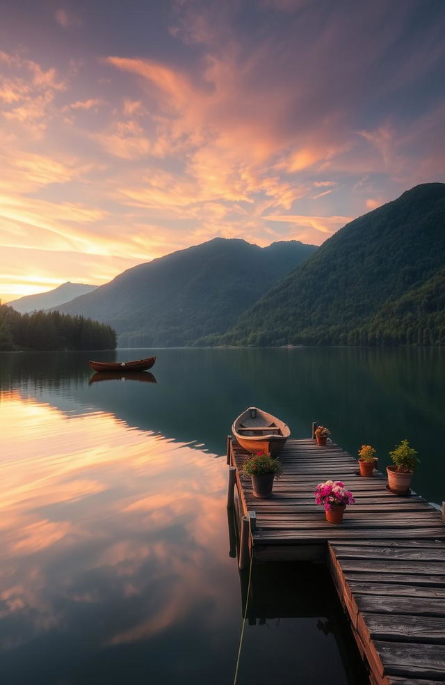 A serene landscape at sunrise, featuring a tranquil lake surrounded by lush green mountains, with a clear reflection of the colorful sky on the water