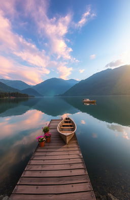 A serene landscape at sunrise, featuring a tranquil lake surrounded by lush green mountains, with a clear reflection of the colorful sky on the water