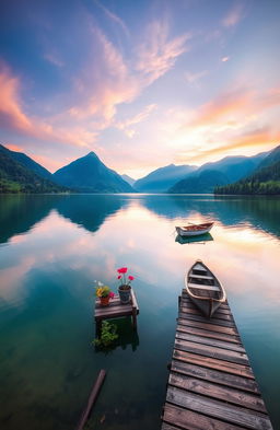 A serene landscape at sunrise, featuring a tranquil lake surrounded by lush green mountains, with a clear reflection of the colorful sky on the water
