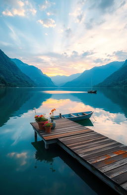 A serene landscape at sunrise, featuring a tranquil lake surrounded by lush green mountains, with a clear reflection of the colorful sky on the water