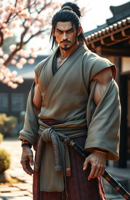 A traditional Japanese warrior in historic attire, showcasing a strong muscular physique