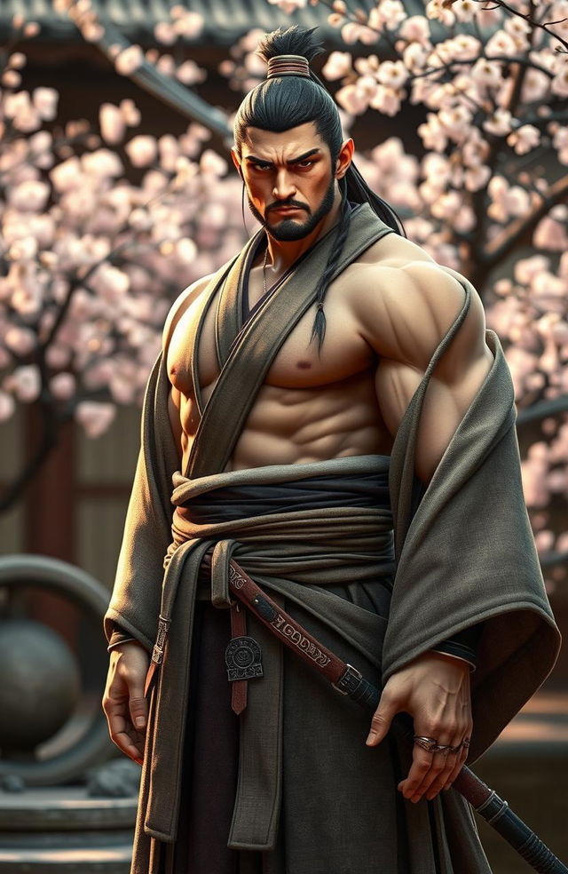 A traditional Japanese warrior in historic attire, showcasing a strong muscular physique