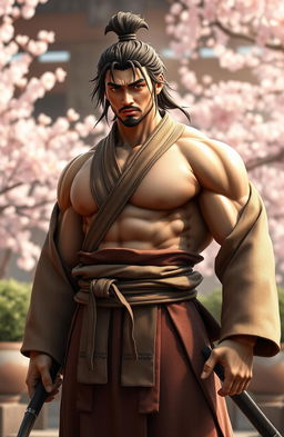 A traditional Japanese warrior in historic attire, showcasing a strong muscular physique