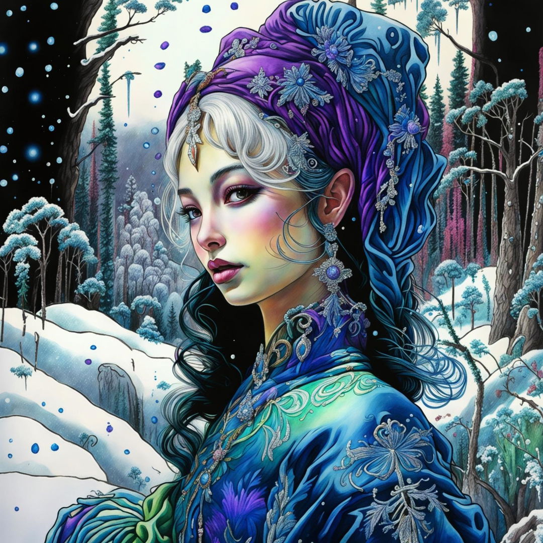 A Sharpie marker drawing of an Asian-inspired Rococo snow elf in a vibrant, snow-covered forest. The image is a close-up, capturing every detail in high definition and exuding a sense of fantasy and enchantment.