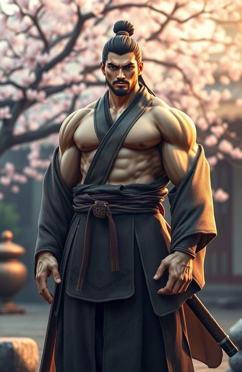 A traditional Japanese warrior in historic attire, showcasing a strong muscular physique