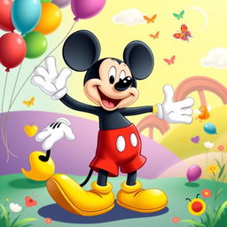 A whimsical and vibrant illustration of a cartoon mouse resembling a classic character similar to Mickey Mouse, wearing bright red shorts, oversized yellow shoes, and white gloves