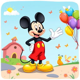 A whimsical and vibrant illustration of a cartoon mouse resembling a classic character similar to Mickey Mouse, wearing bright red shorts, oversized yellow shoes, and white gloves