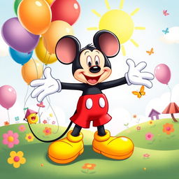 A whimsical and vibrant illustration of a cartoon mouse resembling a classic character similar to Mickey Mouse, wearing bright red shorts, oversized yellow shoes, and white gloves