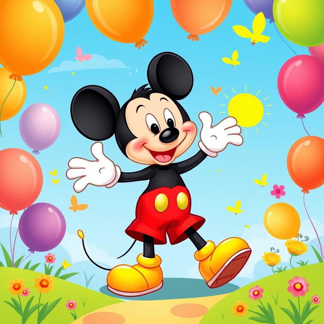 A whimsical and vibrant illustration of a cartoon mouse resembling a classic character similar to Mickey Mouse, wearing bright red shorts, oversized yellow shoes, and white gloves