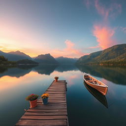 A serene landscape at sunrise, featuring a tranquil lake surrounded by lush green mountains, with a clear reflection of the colorful sky on the water