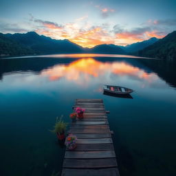 A serene landscape at sunrise, featuring a tranquil lake surrounded by lush green mountains, with a clear reflection of the colorful sky on the water