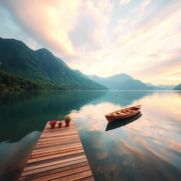 A serene landscape at sunrise, featuring a tranquil lake surrounded by lush green mountains, with a clear reflection of the colorful sky on the water
