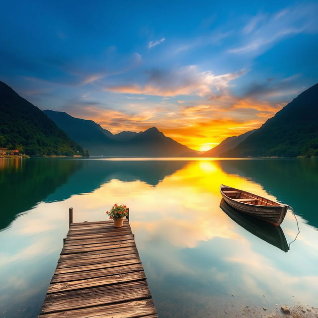 A serene landscape at sunrise, featuring a tranquil lake surrounded by lush green mountains, with a clear reflection of the colorful sky on the water