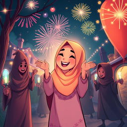 A joyous cartoon scene depicting an Islamic woman attending a mysterious festive party in a small town
