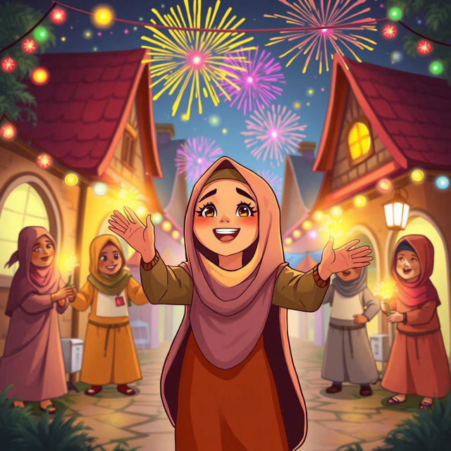 A joyous cartoon scene depicting an Islamic woman attending a mysterious festive party in a small town