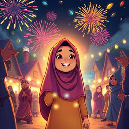 A joyous cartoon scene depicting an Islamic woman attending a mysterious festive party in a small town