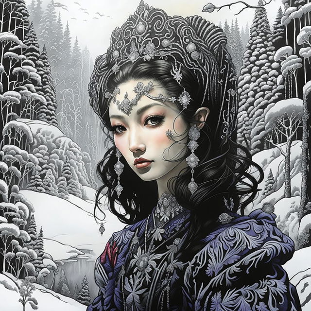 A black and white Sharpie marker drawing of an Asian-inspired Rococo snow elf in a snow-covered forest. The image is a close-up, capturing every detail in high definition and exuding a sense of fantasy and enchantment.