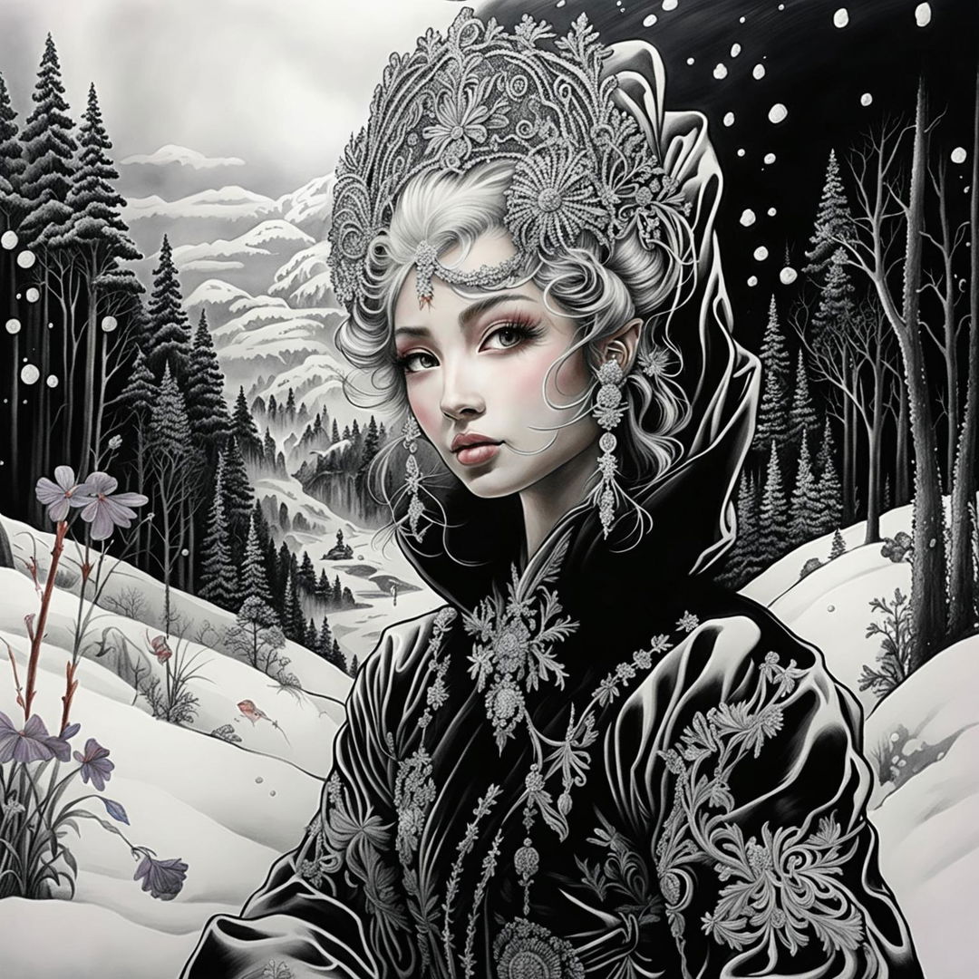 A black and white Sharpie marker drawing of an Asian-inspired Rococo snow elf in a snow-covered forest. The image is a close-up, capturing every detail in high definition and exuding a sense of fantasy and enchantment.