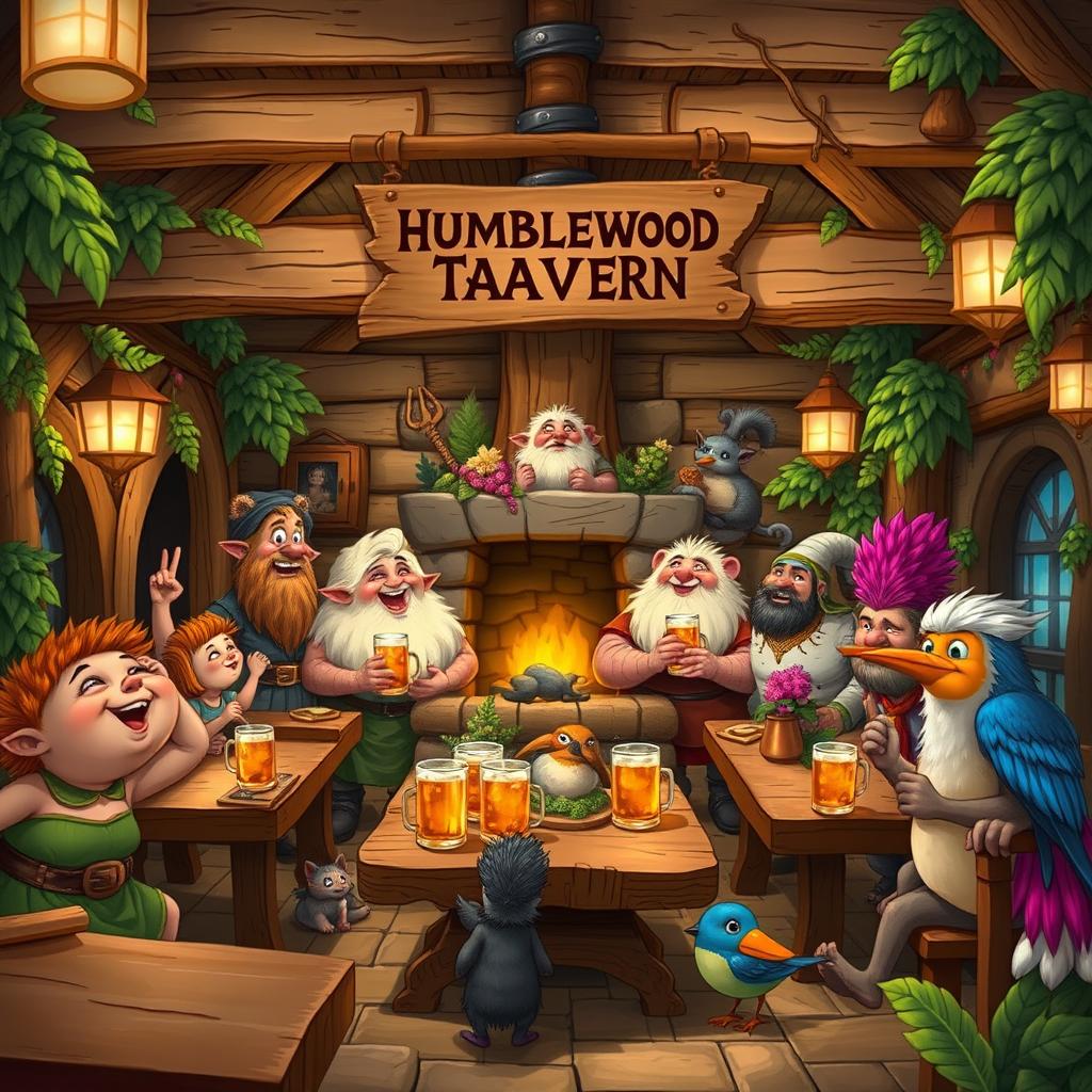 A vibrant and cozy Dungeons & Dragons tavern set in the Humblewood campaign, filled with a diverse group of characters including jovial halflings, sturdy dwarfs, quirky hedgehogs in cute attire, and birdfolk with colorful feathers