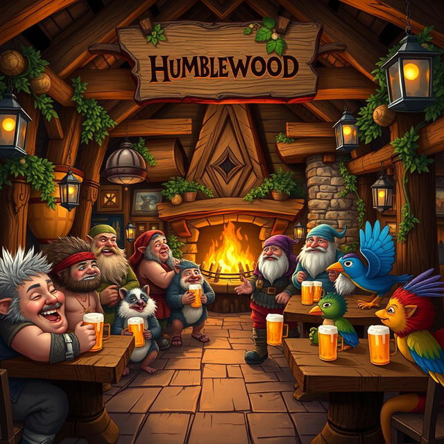 A vibrant and cozy Dungeons & Dragons tavern set in the Humblewood campaign, filled with a diverse group of characters including jovial halflings, sturdy dwarfs, quirky hedgehogs in cute attire, and birdfolk with colorful feathers