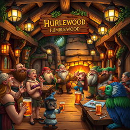 A vibrant and cozy Dungeons & Dragons tavern set in the Humblewood campaign, filled with a diverse group of characters including jovial halflings, sturdy dwarfs, quirky hedgehogs in cute attire, and birdfolk with colorful feathers