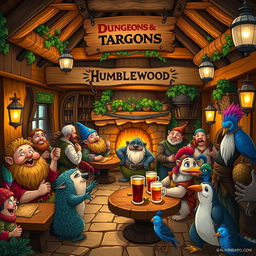 A vibrant and cozy Dungeons & Dragons tavern set in the Humblewood campaign, filled with a diverse group of characters including jovial halflings, sturdy dwarfs, quirky hedgehogs in cute attire, and birdfolk with colorful feathers