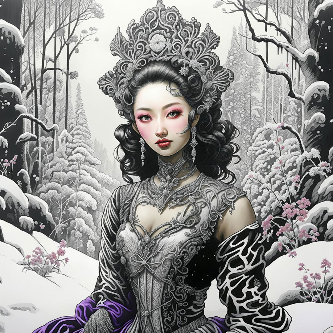 A black and white Sharpie marker drawing of an Asian-inspired Rococo snow elf in a snow-covered forest. The image is a close-up, capturing every detail in high definition and exuding a sense of fantasy and enchantment.