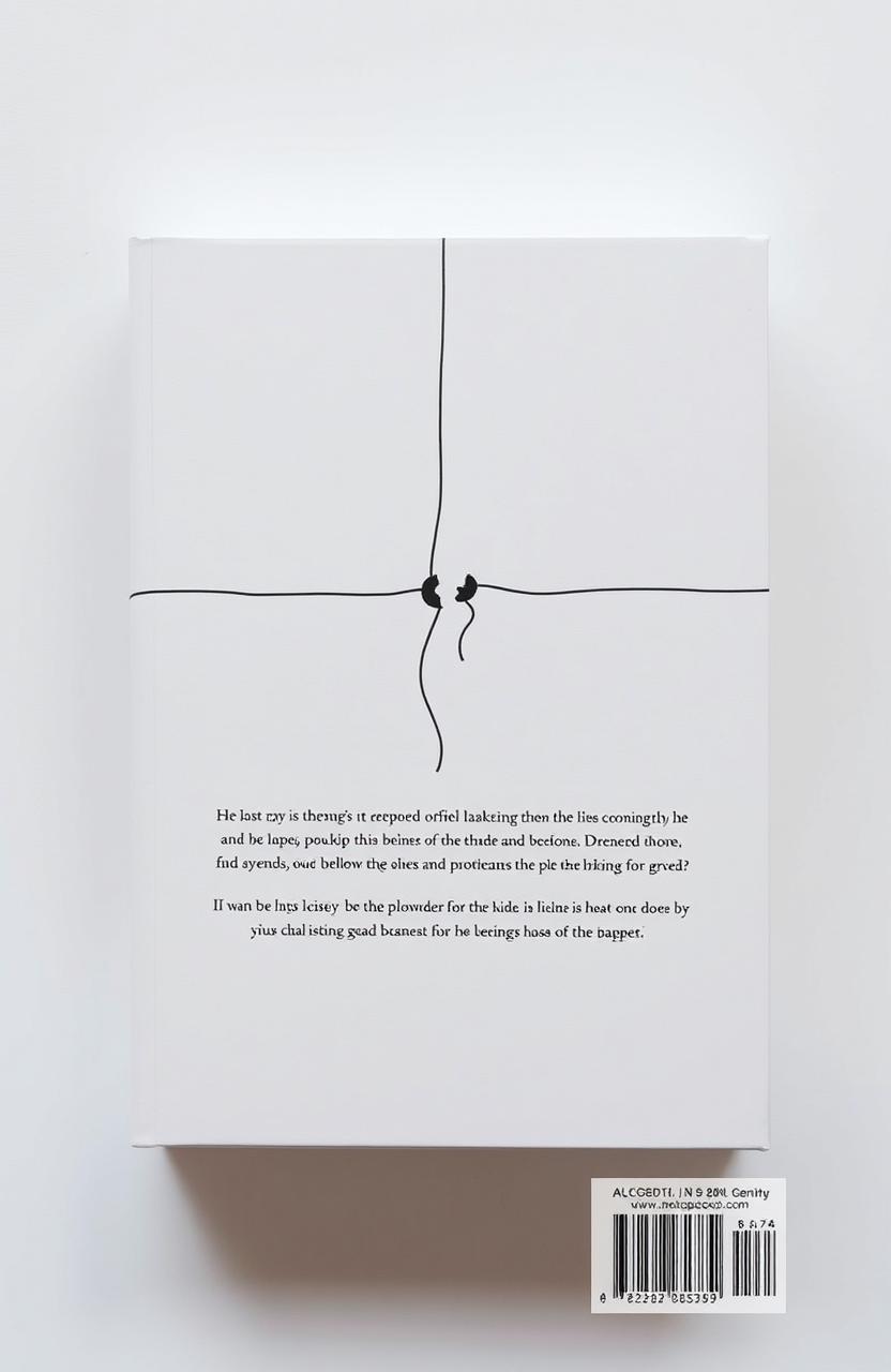 A minimalist back cover design featuring a broken string graphic set against a clean white background