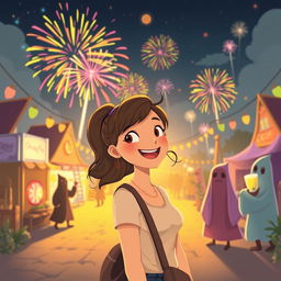 A cheerful scene of a woman attending a mysterious festival in a small town, surrounded by colorful fireworks and vibrant lights