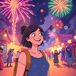 A cheerful scene of a woman attending a mysterious festival in a small town, surrounded by colorful fireworks and vibrant lights
