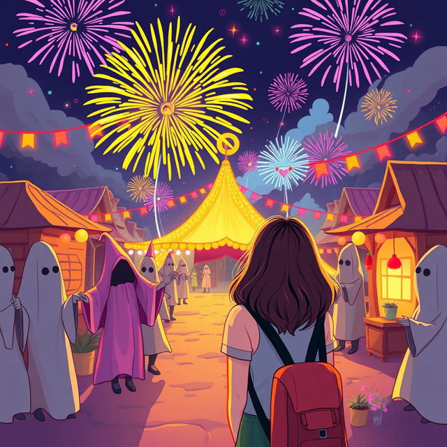 A cheerful scene of a woman attending a mysterious festival in a small town, surrounded by colorful fireworks and vibrant lights