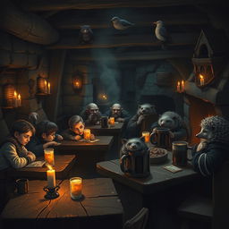 A dark and gloomy Dungeons & Dragons tavern featuring a mix of halflings, dwarfs, hedgehogs, and birdfolk