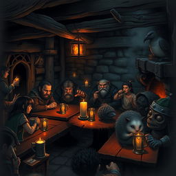 A dark and gloomy Dungeons & Dragons tavern featuring a mix of halflings, dwarfs, hedgehogs, and birdfolk