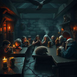 A dark and gloomy Dungeons & Dragons tavern featuring a mix of halflings, dwarfs, hedgehogs, and birdfolk