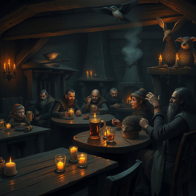 A dark and gloomy Dungeons & Dragons tavern featuring a mix of halflings, dwarfs, hedgehogs, and birdfolk