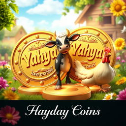 A 3D luxurious design of Hay Day coins featuring the name 'Yahya' embossed in stunning 3D on each coin