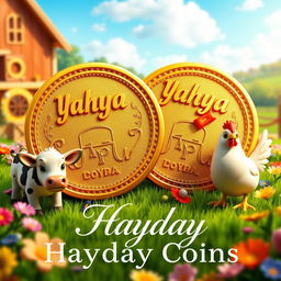 A 3D luxurious design of Hay Day coins featuring the name 'Yahya' embossed in stunning 3D on each coin