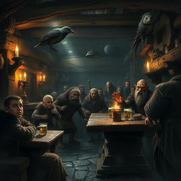 A dark and gloomy Dungeons & Dragons tavern scene featuring humanoid halflings, dwarfs, humanoid hedgehogs, and humanoid birdfolk