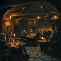 A dark and gloomy Dungeons & Dragons tavern scene featuring humanoid halflings, dwarfs, humanoid hedgehogs, and humanoid birdfolk