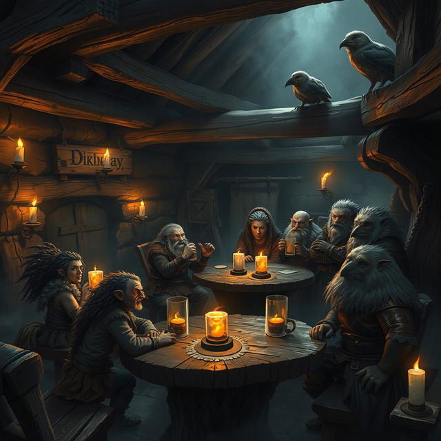 A dark and gloomy Dungeons & Dragons tavern scene featuring humanoid halflings, dwarfs, humanoid hedgehogs, and humanoid birdfolk