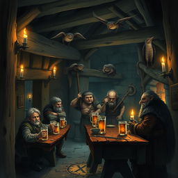 A dark and gloomy Dungeons & Dragons tavern scene featuring humanoid halflings, dwarfs, humanoid hedgehogs, and humanoid birdfolk