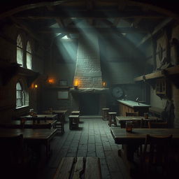 An empty, dark, and gloomy Dungeons & Dragons tavern, with shadows engulfing the corners and an unsettling silence filling the air