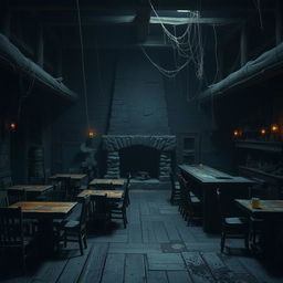 An empty, dark, and gloomy Dungeons & Dragons tavern, with shadows engulfing the corners and an unsettling silence filling the air