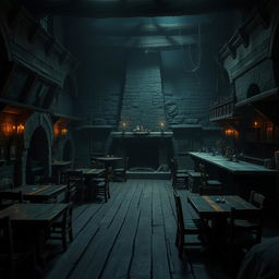 An empty, dark, and gloomy Dungeons & Dragons tavern, with shadows engulfing the corners and an unsettling silence filling the air