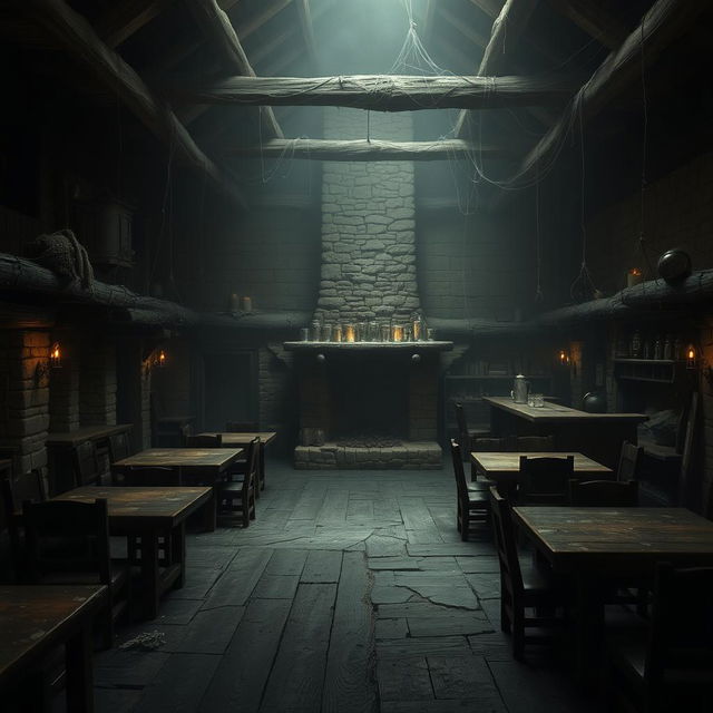 An empty, dark, and gloomy Dungeons & Dragons tavern, with shadows engulfing the corners and an unsettling silence filling the air