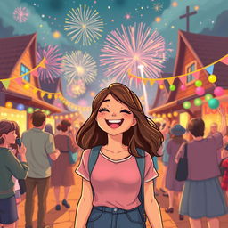 A cheerful scene of a woman attending a mysterious festival in a small town, surrounded by colorful fireworks and vibrant lights