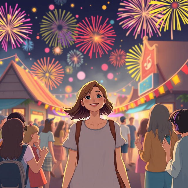 A cheerful scene of a woman attending a mysterious festival in a small town, surrounded by colorful fireworks and vibrant lights