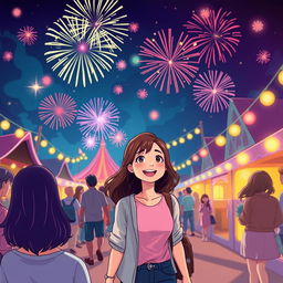 A cheerful scene of a woman attending a mysterious festival in a small town, surrounded by colorful fireworks and vibrant lights