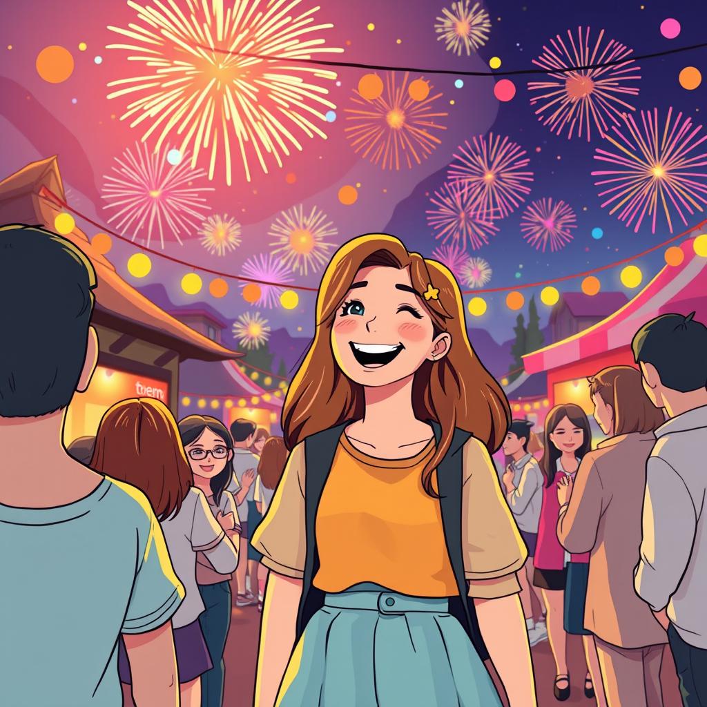 A cheerful scene of a woman attending a mysterious festival in a small town, surrounded by colorful fireworks and vibrant lights