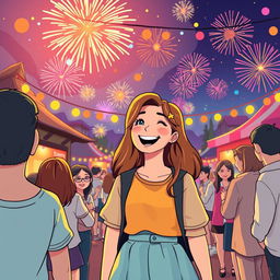 A cheerful scene of a woman attending a mysterious festival in a small town, surrounded by colorful fireworks and vibrant lights